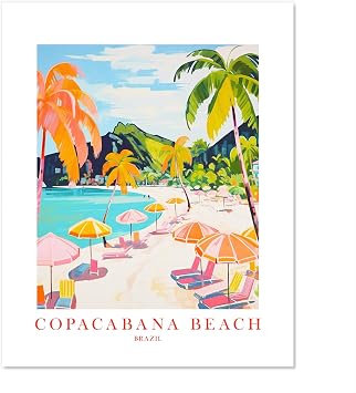 ColorAndFlair Copacabana Beach Travel Print Brazil Coastal Teal Pink Orange Wall Art Retro Poster Rio De Janeiro Souvenir Watercolor Painting 12x16 inches