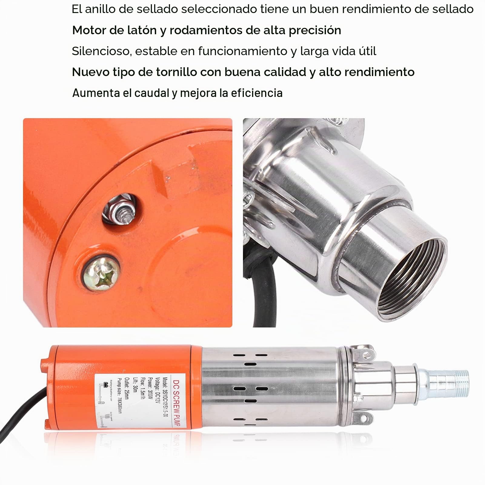 98.4ft High Lift 12/S1.5-30 Bomba De Pozo Solar, 12V 300W Bomba De Pozo Sumergible Solar DC, Bomba Sumergible Solar De Acero Inoxidable Bomba De Tornillo DC Para Jardín De Riego Agrícola