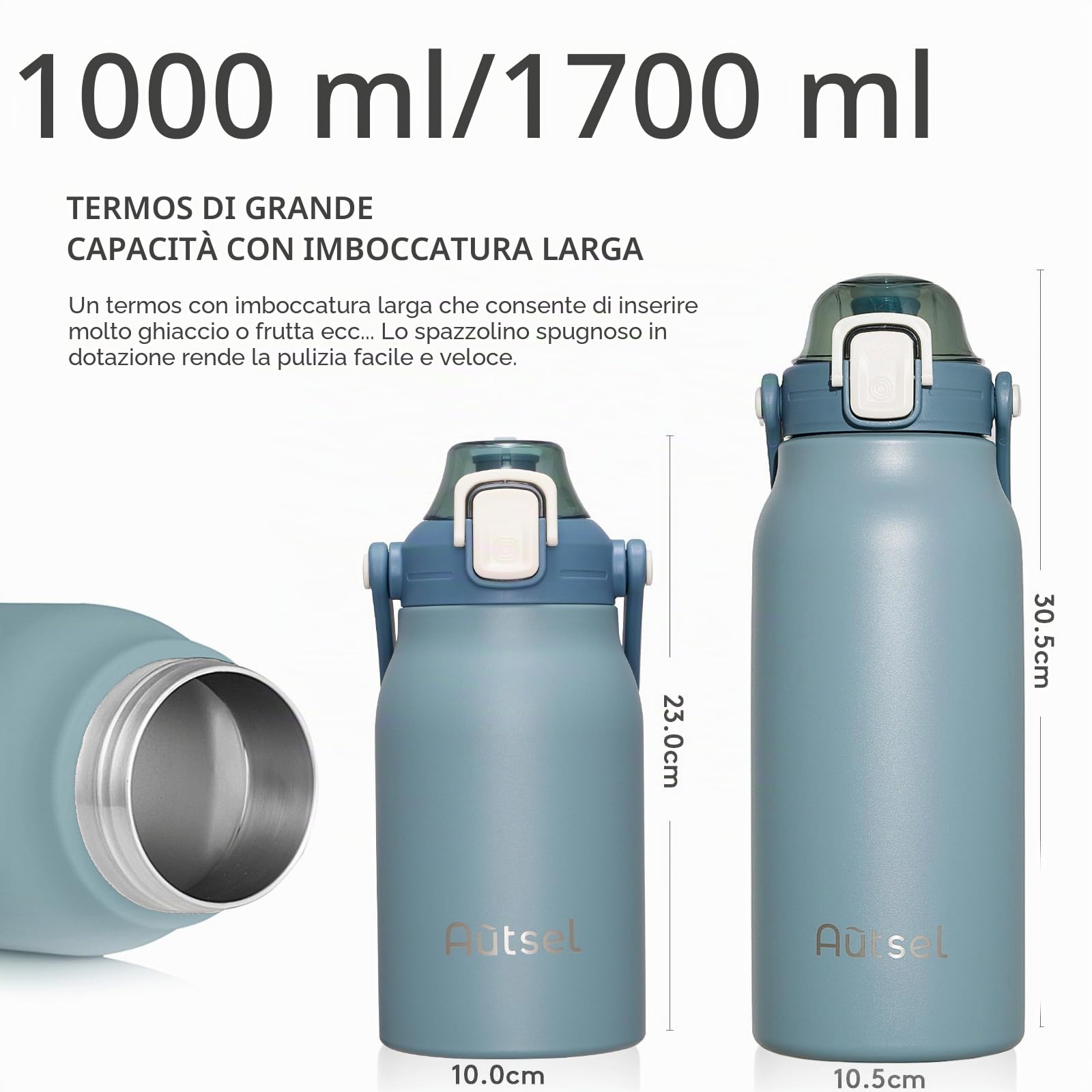 Borraccia Termica 1.7 litro Bottiglia Termica Senza Perdite Borraccia Palestra Sportiva in acciaio inox, rimanere fredde 24h o calde 12h, Senza BPA, per Sport, Yoga, Ciclismo