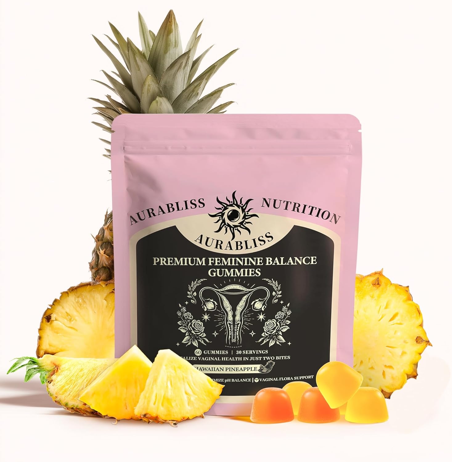 Premium Feminine Balance Gummies for Women - Hawaiian Pineapple Gummies for Women PH Balance Wellness, Immune Support, Vegan Daily Supplement for Odor and Flora Health , 60 Counts - 30 Servings