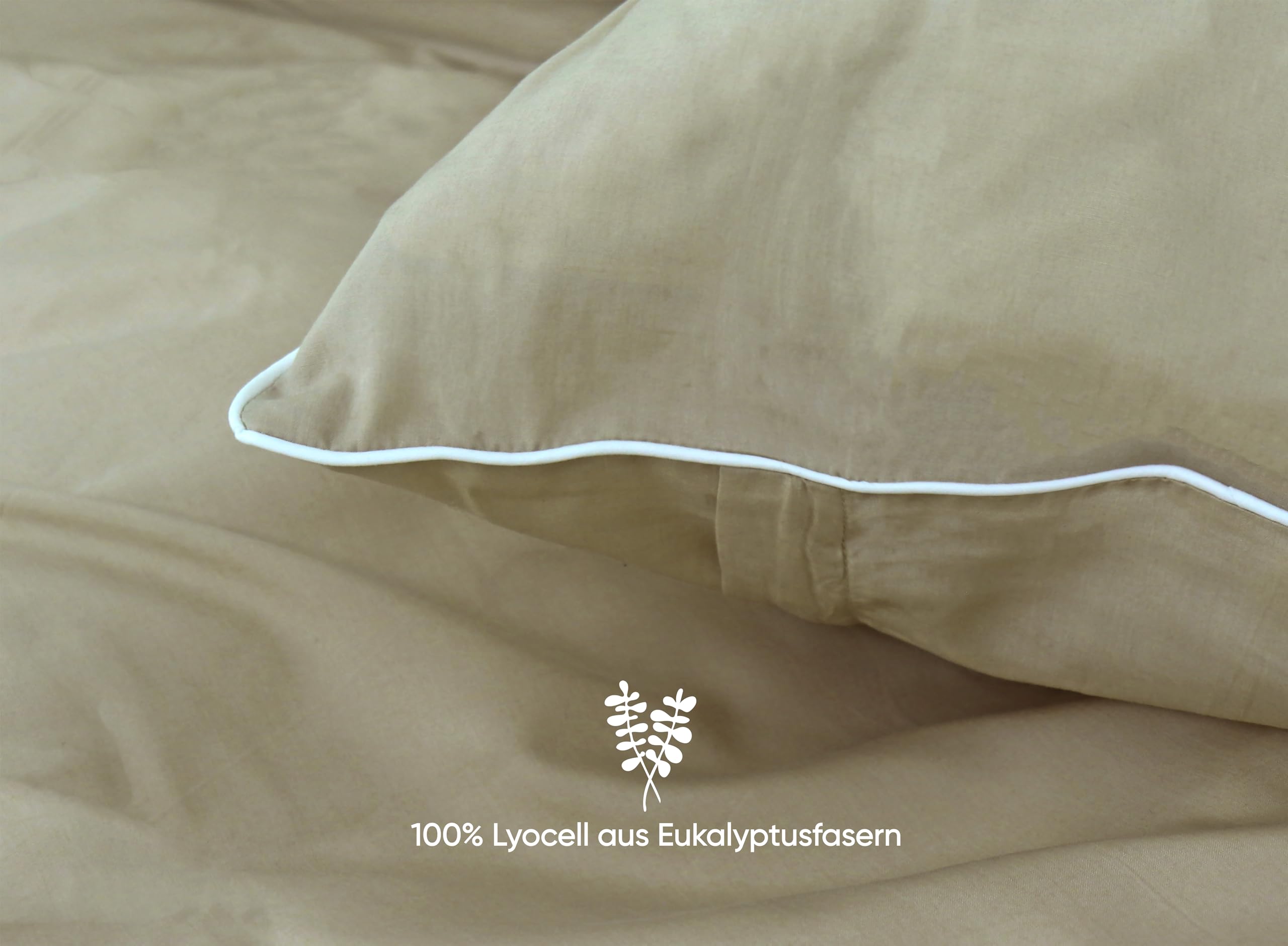 jilda-tex Luksusowa pościel premium z eukaliptusa, 100% Lyocell Tencel™ Piping, certyfikat wyjątkowo ekologiczna (beżowa, 2-częściowa. 135 x 200 cm/80 x 80 cm)