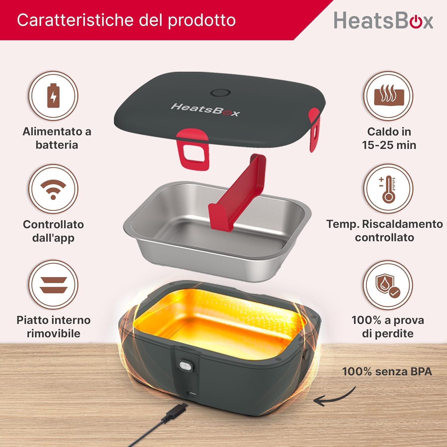 Faitron HeatsBox Go - Contenitore per il pranzo elettrico, per il riscaldamento degli alimenti, controllo tramite app, batteria integrata, ciotola in acciaio inox a tenuta stagna (925 ml), 100 Watt