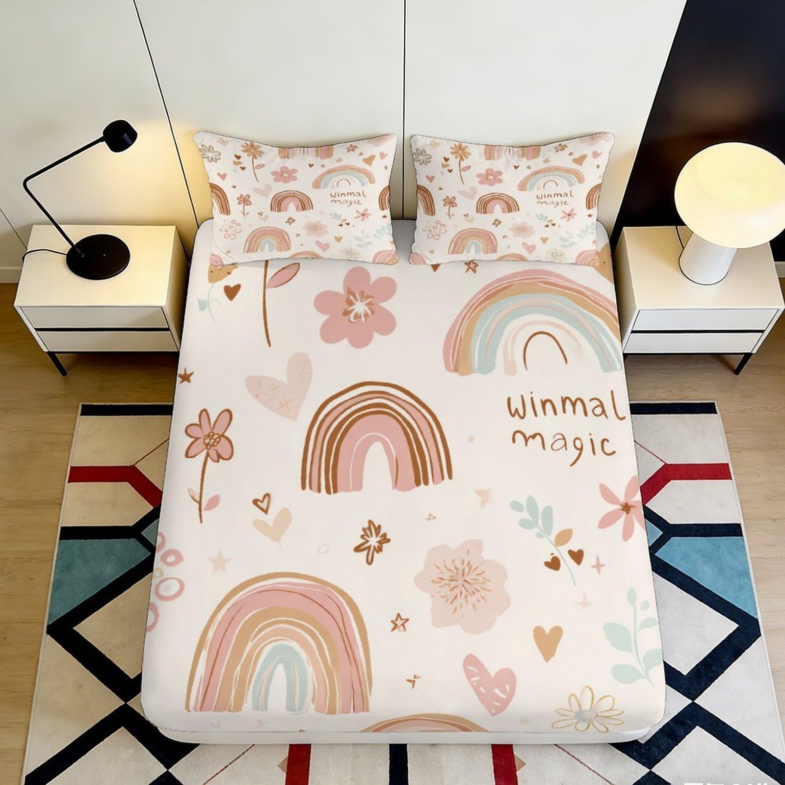 3D Printed Pastel Rainbow Fitted Sheet Microfiber Soft Floral Bed Cover for Bedroom Guest Room Dustproof Easy Care Decor 90x200x25cm
