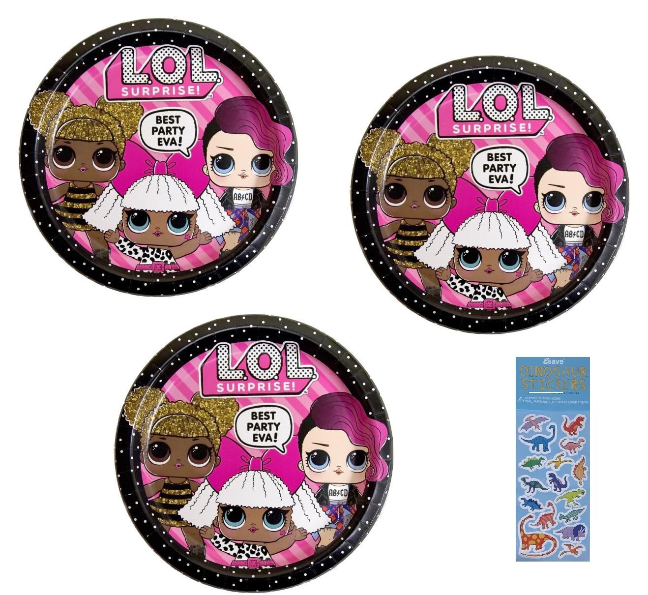 Unique LOL Birthday Party Supplies Bundle includes 24 Lunch Paper Plates 9" and 1 Dinosaur Sticker Sheet