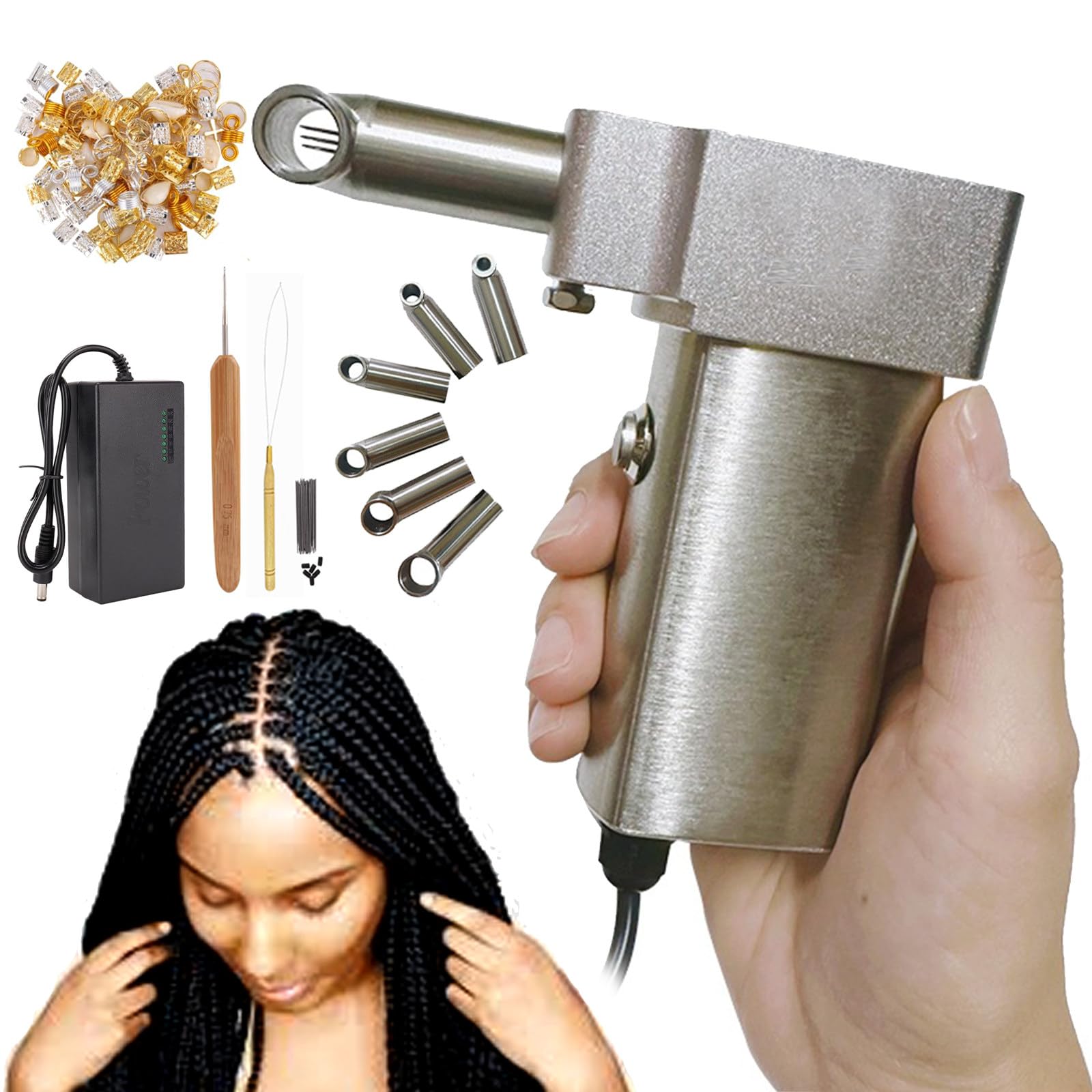 Máquina eléctrica para hacer rastas instantáneas, máquina para hacer rastas de mano, 6 orificios de repuesto + caja de accesorios, fácil de hacer trenzas de rastas o extensiones de cabello