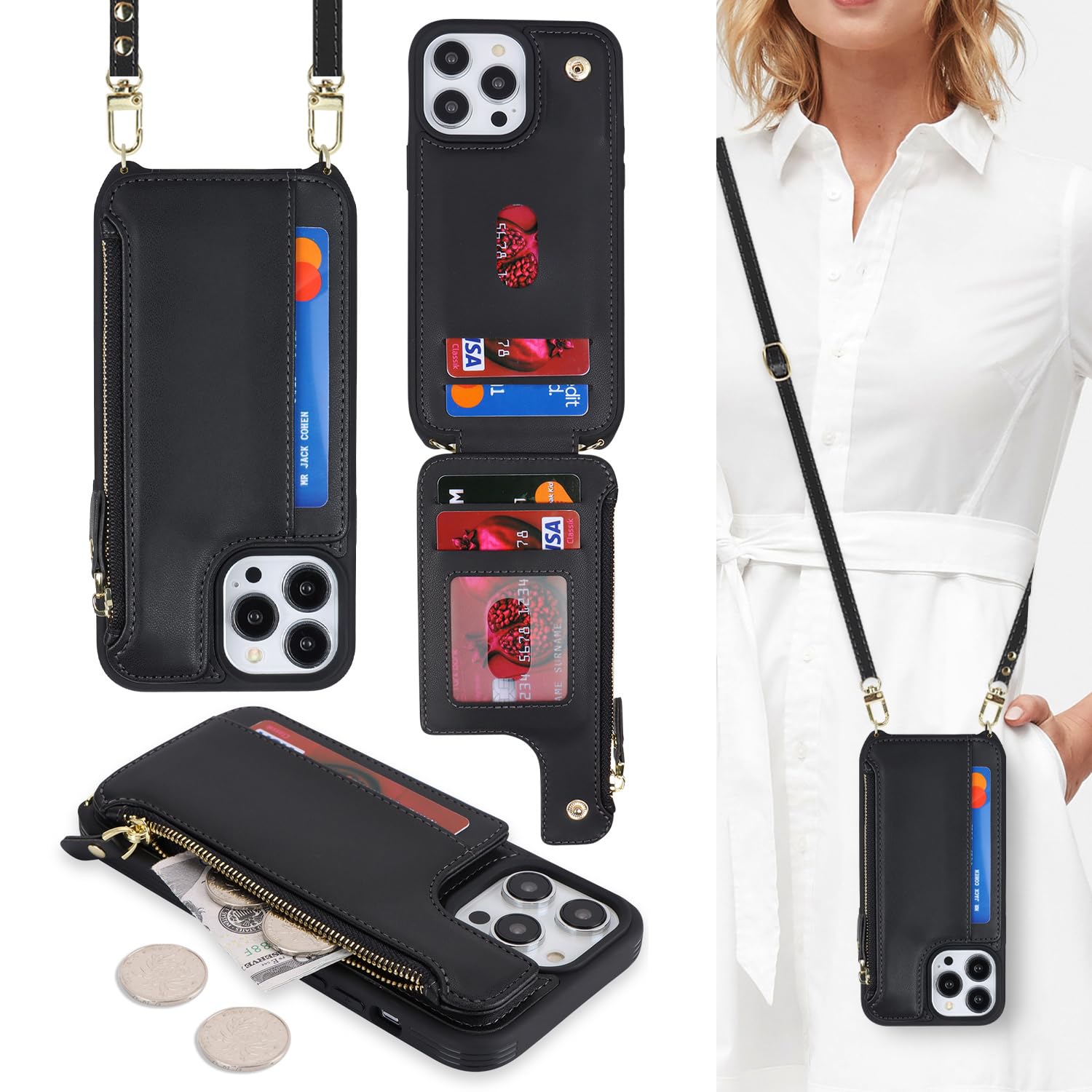 Cavor for iPhone 15 Pro Max Case with Card Holder,iPhone 15 Pro Max Wallet Case for Women,Phone Case iPhone 15 Pro Max Case with Strap,Crossbody Lanyard and Wristlet,Leather Zipper Pocket Case-Black