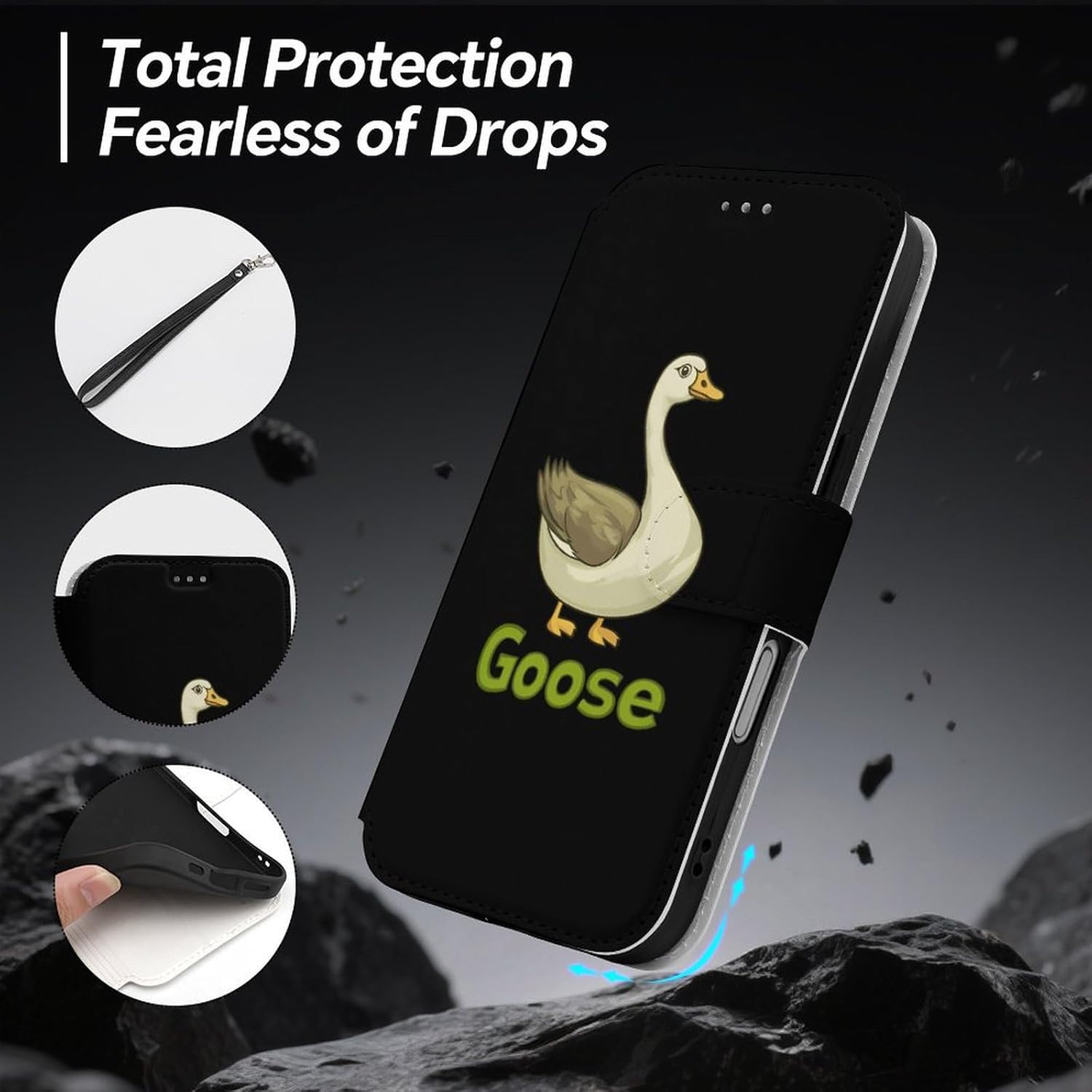 Goose Compatible with iPhone 16/16 Plus/16 Pro/16 Pro Max/16 E Case Phone Wallet Card Holder Flip Cover with Wrist Strap