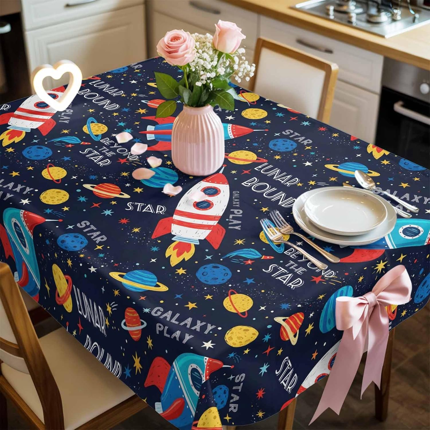 Children's Day Waterproof Table Cloth Funny Universe Rocket Planet Star Dark Blue Waterproof & Wrinkle Table Cover, Washable Polyester Soft Fabric Table Cloth for Outdoor Indoor Parties