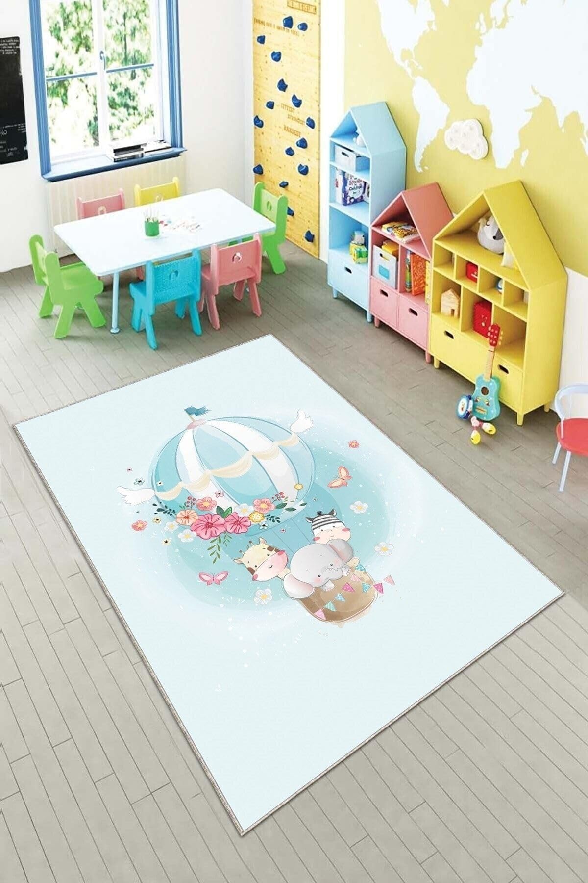 Pelangi Mavi Uçan Balonda Hayvanlar Yıkanabilir Kaymaz Taban Leke Tutmazbebek Ve Çocuk Odası Halısı, Mavi 80 x 150, 90135707680150