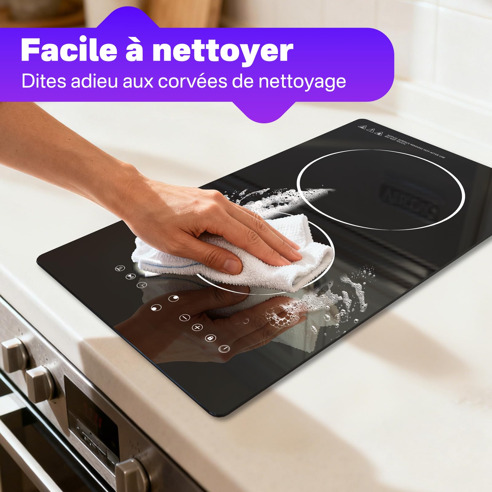 Plaque de Cuisson Électrique 2 Feux 3000W, Portable & Encastrable Plaque Vitrocéramique 2 Feux avec 9 Niveaux, Minuterie, Verrou Enfant, 220-240V
