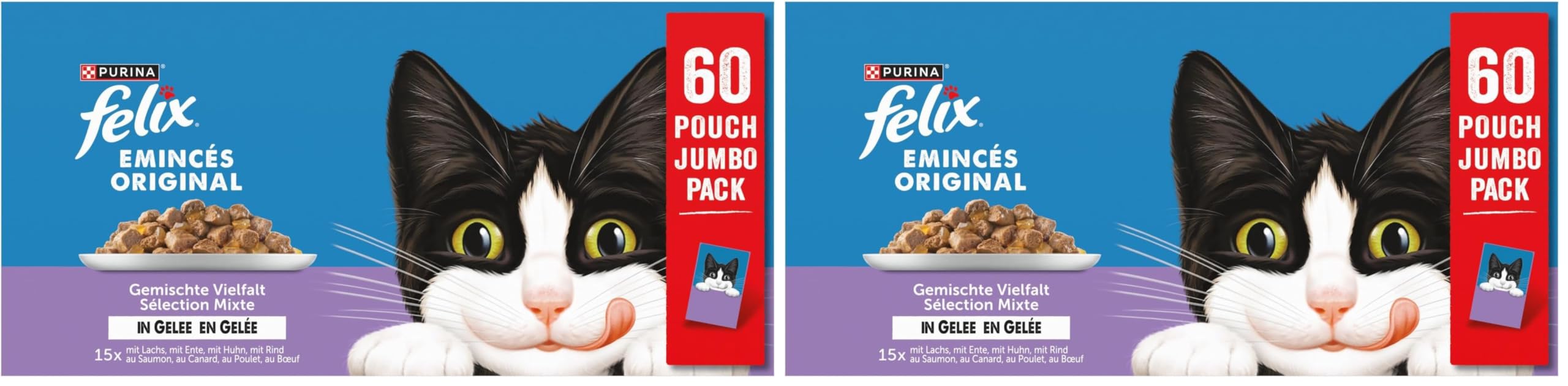 FELIX | Emincés | en Gelée | Chat Adulte | Recette 100% Complète et Equilibrée, Source d'Oméga 6 et de Vitamines| Sélection au Bœuf, Poulet, Canard, Saumon | Sachets Fraîcheurs | Boîte de 60 x 85g