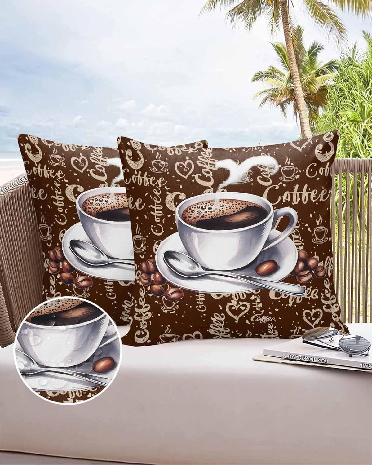 Coffee Square Pillow Shams Set of 2, Decorative Pillowcases Cushion Case, Soft Throw Pillow Covers Waterproof Pillow Case 26x26inch, A Cup of Tea Coffee Beans Vintage Brown