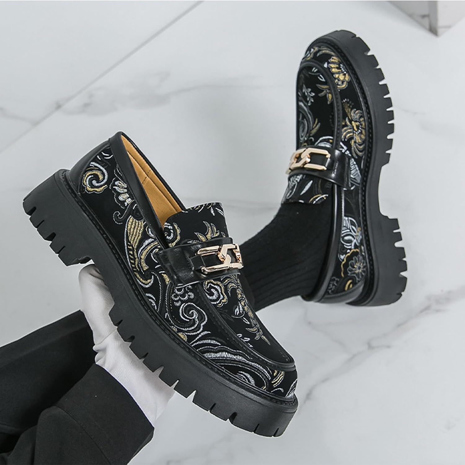 Men's Soft Leather Platform Chunky Slip-On Loafers with Stylish Metal Chain, Non-Slip Lug Sole, Round Toe Penny Dress Shoes, Moccasins, for Business Work & Daily