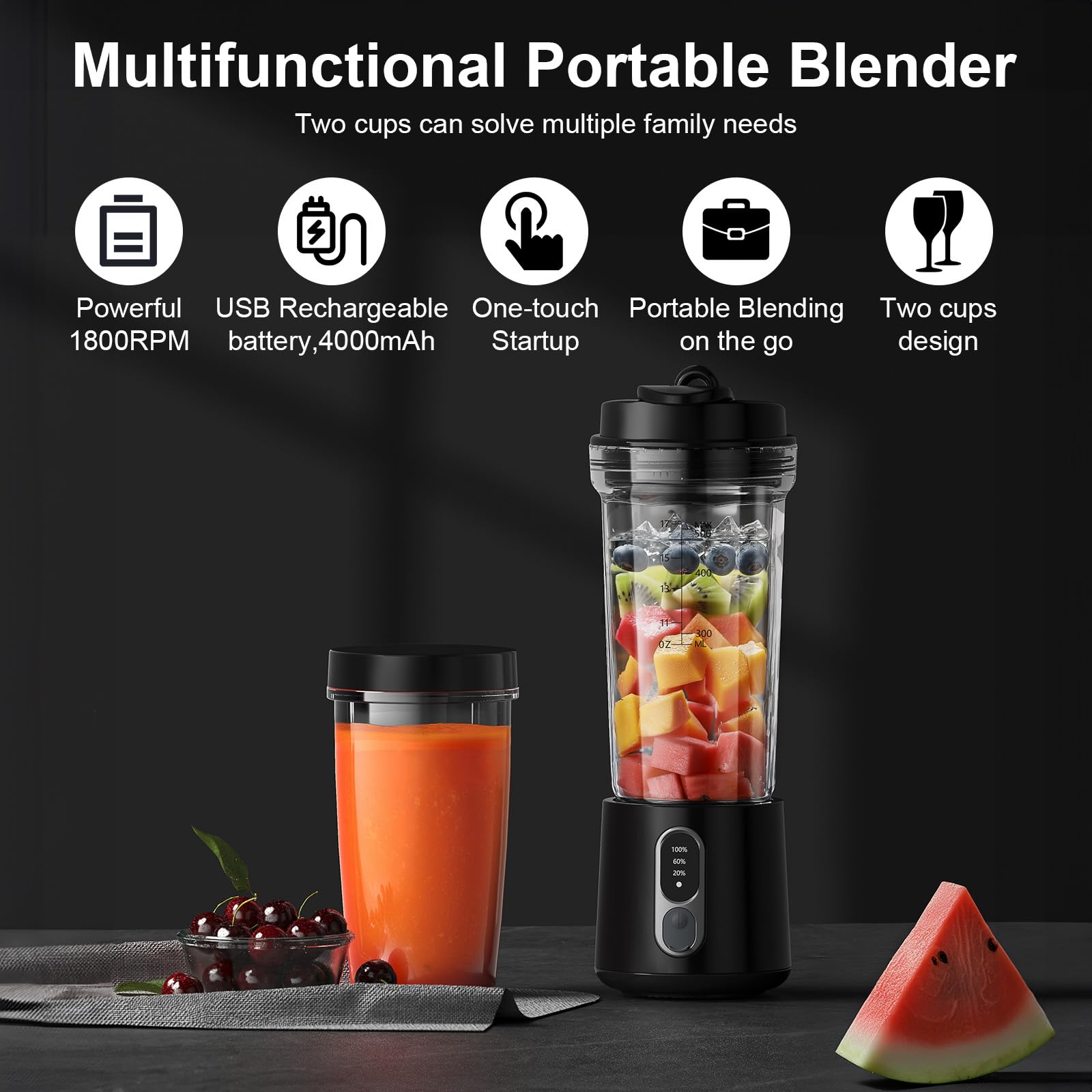 Foyucool Portable Blender for Smoothies and Shakes, 2 Portable Blender Cups, 17 &10 oz Cordless Personal Small Blender with Straw Brush&Lid, USB-C Rechargeable, Quiet Mini Travel Blender, Black