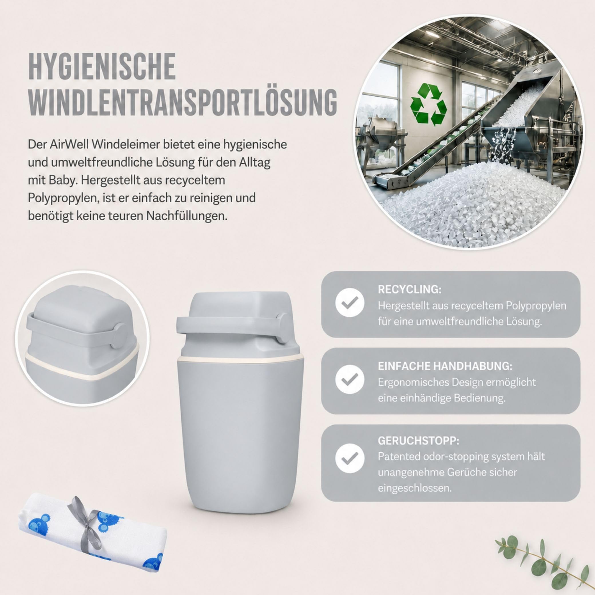 AirWell Windeleimer Geruchsdicht & Windel Blaubaer - Wickeleimer, mit Geruchsstopp-System, Einhändige Bedienung, Windeleimer Windelmülleimer, 23 Windeln Fassungsvermögen, Mülleimer Badezimmer