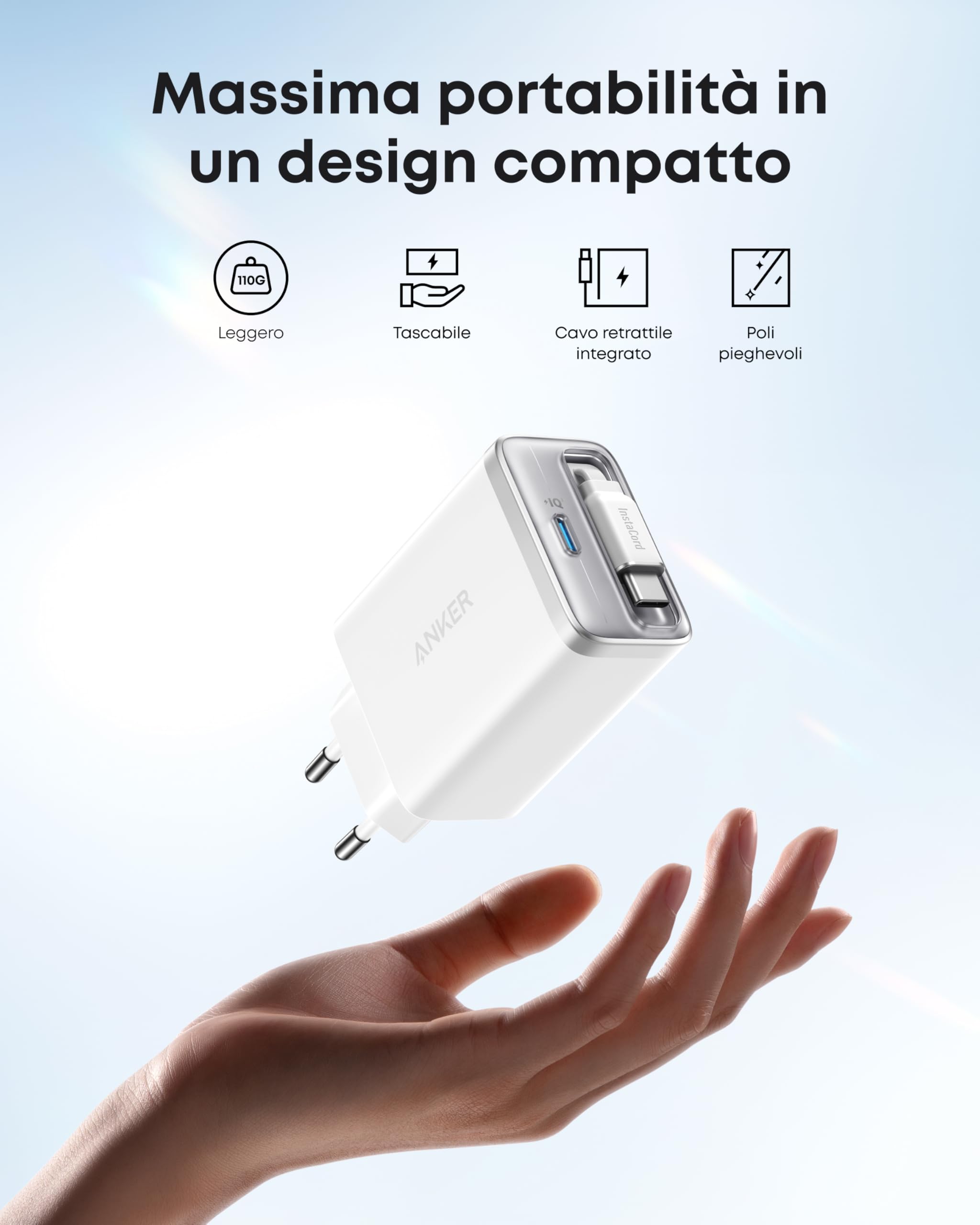 Anker Nano Caricatore iPhone USB C 35W compatto 2 porte cavo retrattile InstaCord integrato compatibile iPhone 16/15/14 iPad Pixel