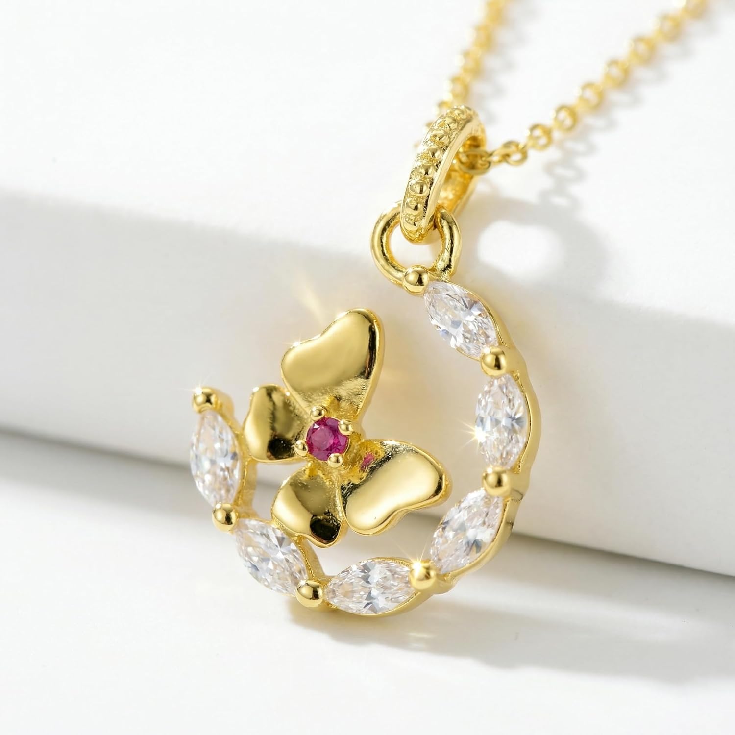 925 Sterling Silver Crescent Moon Butterfly Star Flower Wreath Necklaces for Women,14k Gold Plated CZ Ruby Accent Choker Necklace to Mother Daughter Dainty Jewelry Mother's Day Gifts