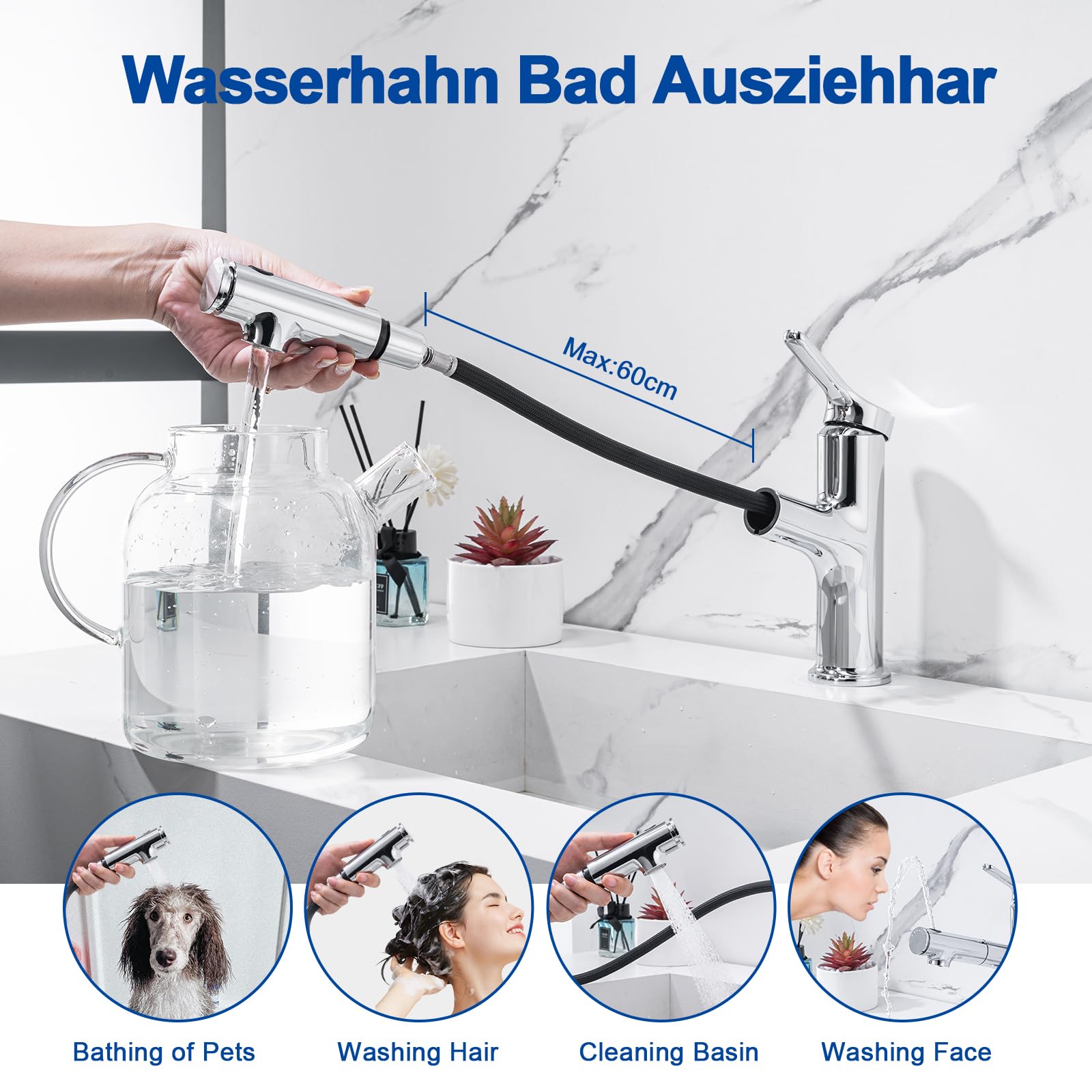 Grifo Lavabo LakeBayMZC Con Extraíble de 3 Modos,Mezclador de Lavabo de Baño,Grifos Monomando,Apto para Fregadero de Encimera,Aireador Extraíble,Agua Fría y Caliente,Cromo