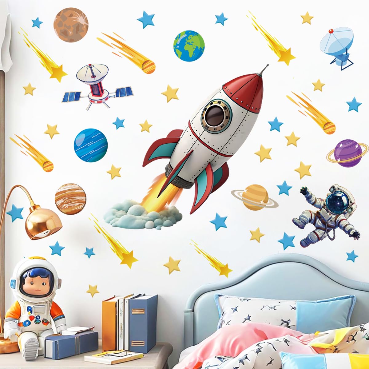 Runtoo Large Space Rocket Ship Wall Art Decals Planets Astronaut Wall Stickers Baby Nursery Boys Kids Bedroom Playroom Wall Decor