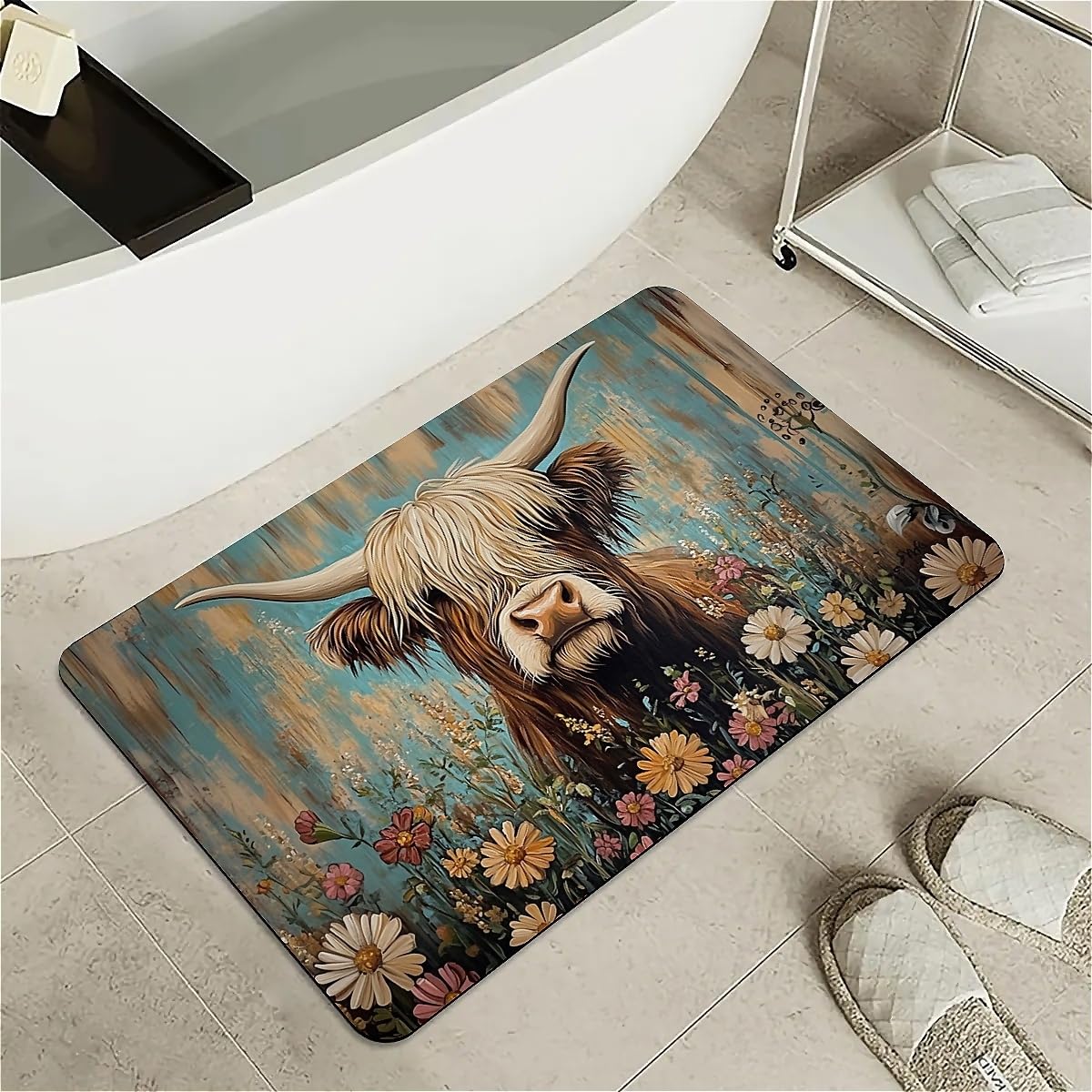 ZHUZHISHAN Diatomaceous Earth Bath Mat,Highland Cow in The Flowers Non-Slip Volume Super Absorbent Fast Drying Eco-Friendly Easy to Clean for Bathroom