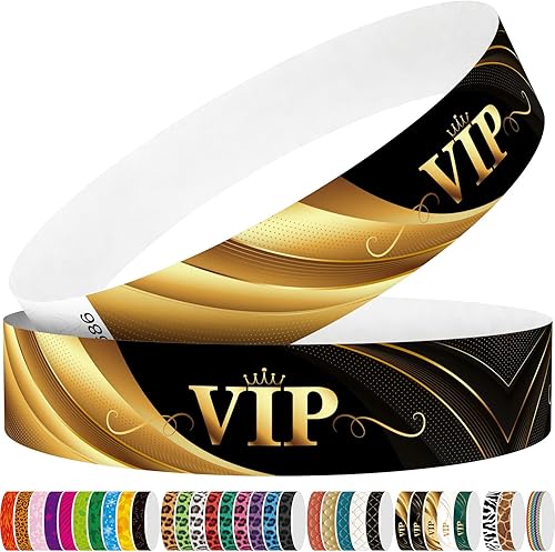 VIP Tyvek - Pulseras de papel de 34 pulgadas, paquete de 250 para eventos, fiestas, conciertos, clubes de bares, VIP negro dorado