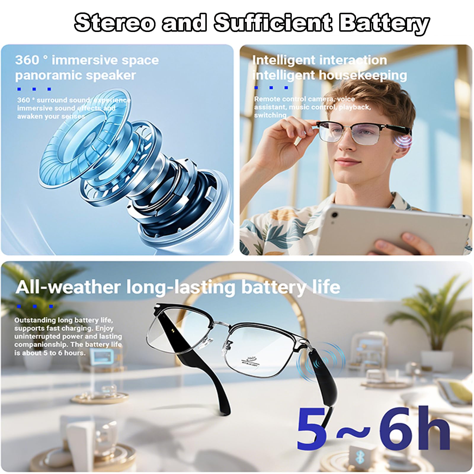 Lunettes de traduction intelligentes avec AI, lunettes Bluetooth pour homme, audio HD, traducteur en temps réel, assistant vocal, musique/appels mains libres (noir)
