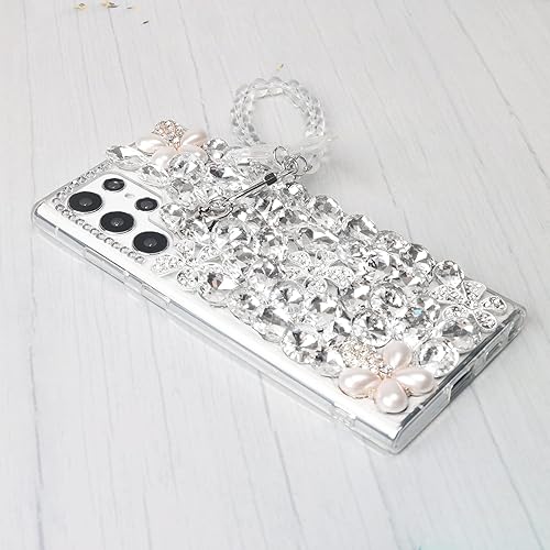 Miniatura 4 de Omio Funda compatible con Samsung Galaxy S22 Ultra Bling con correa de cadena de mano, bonita pulsera de mariposa 3D hecha a mano con purpurina