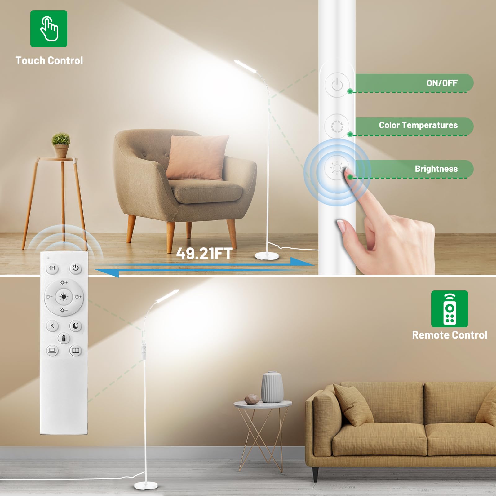LED Uplighter Floor Lamp Adjust freely, 18W 1800LM Dimmable Floor Standing Lamp with Remote & Touch Control - Image 4