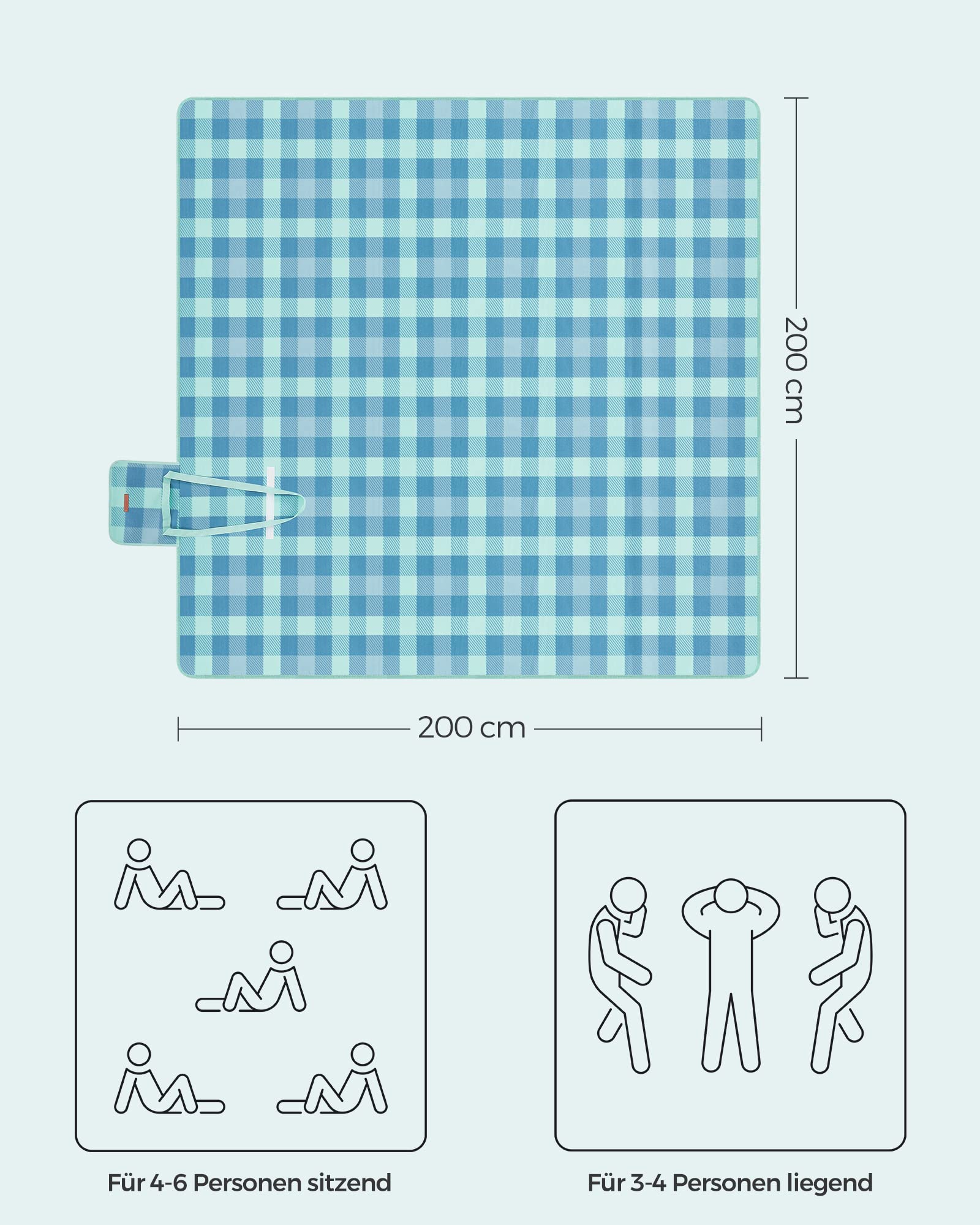 SONGMICS Picknickdecke, 200 x 200 cm, mit 4 Erdankern, groß, Campingdecke, für Park, Garten, Strand, wasserdicht, faltbar, grün-blau GCM011Q02