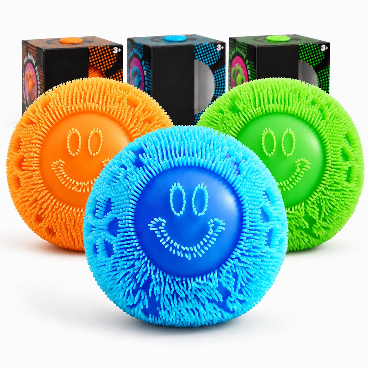 Fuzz Ball Smiley Face Squeeze Toy, Soft Sensory Fidget Toy for Kids and Adults, Anxiety Relief Stress Ball, Squishy Stress Toy, Party Bag Fillers, for Boys and Girls (A-3PCS)