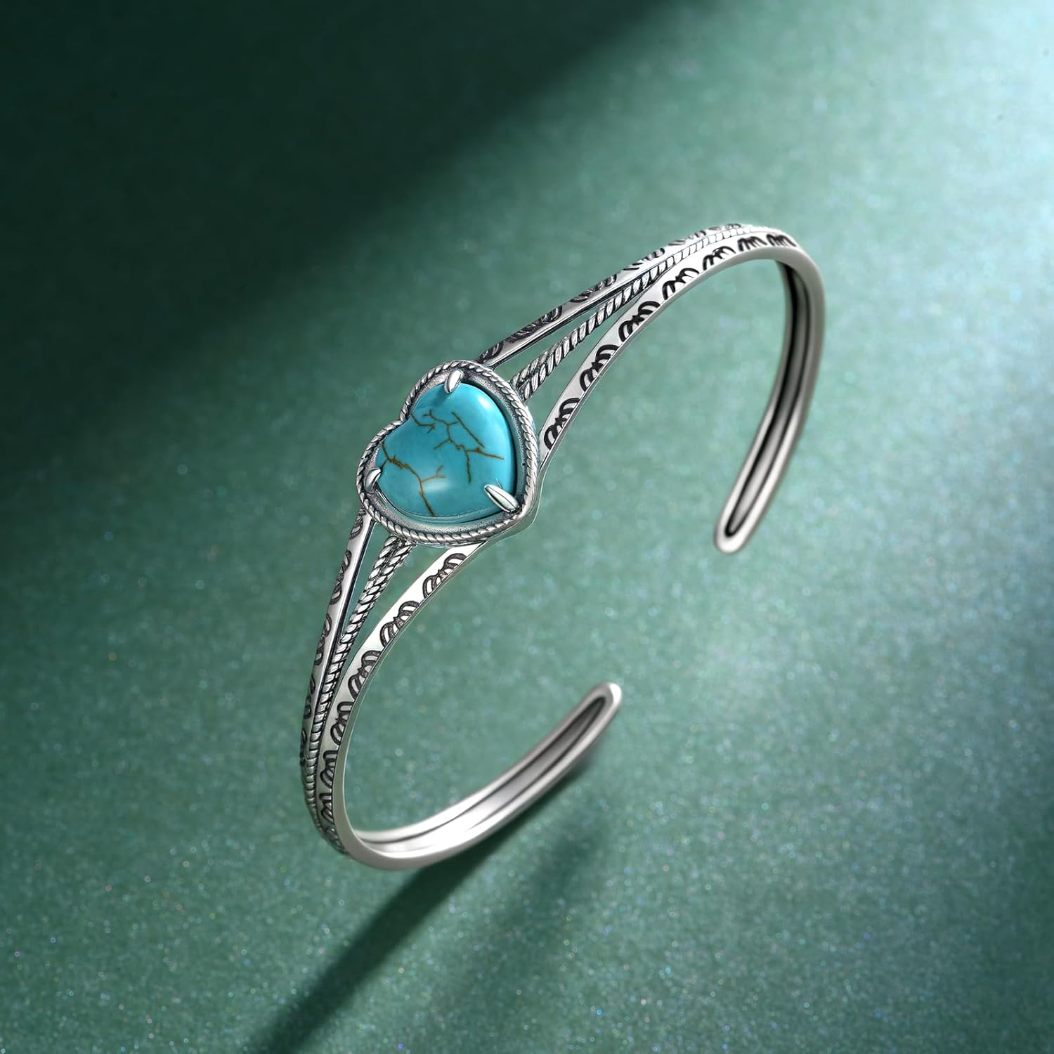 925 Sterling Silver Real Turquoise Heart Cuff Bracelet - Genuine Turquoise Western Jewelry for Women - Heart Cut-Out Cuff Bracelet