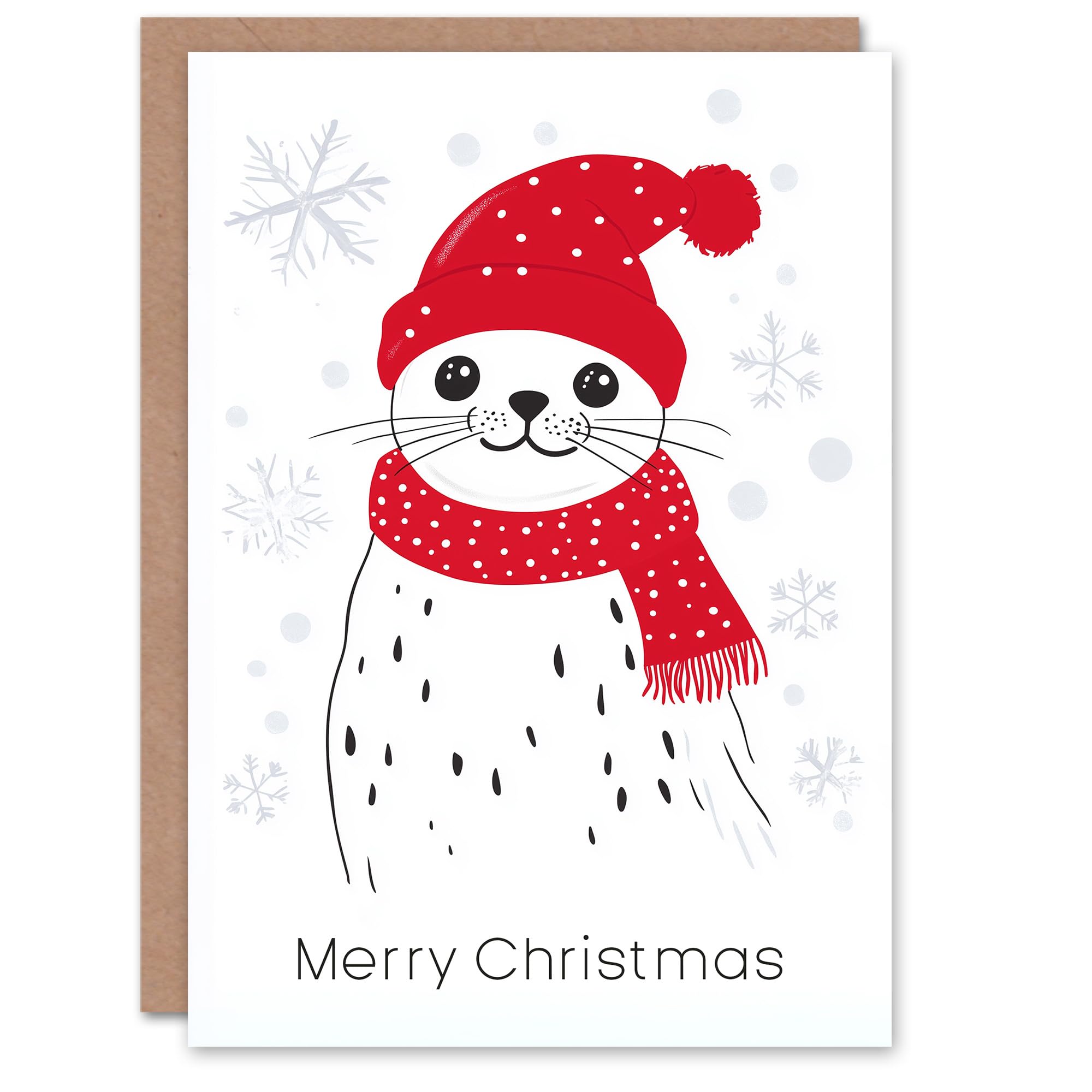 Artery8 Cute Harp Seal Red Winter Hat Scarf Snowflakes Blank For Him Or Her Art Christmas Card