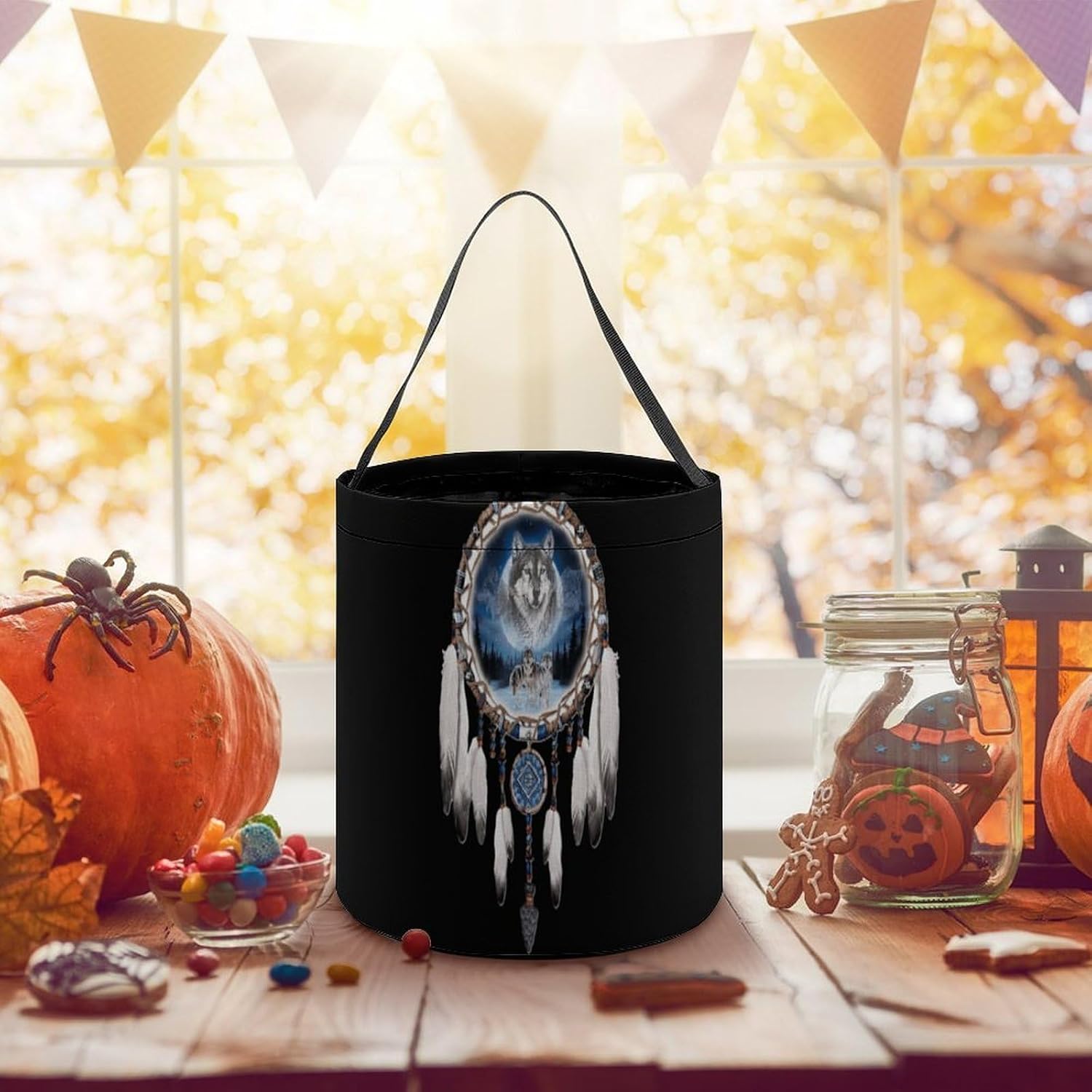 Native Am-erica-Wolf Dream Catcher Candy Bag Halloween Treat Goody Bags Party Basket Handbag Holiday Decor