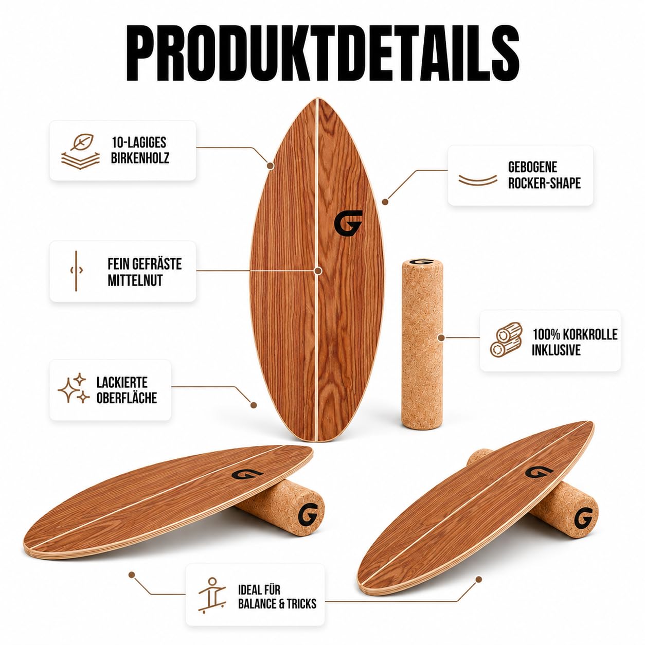 Glory Boards® Balance Board – Handmade - 100% Birkenholz - Inklusive Korkrolle - Optimal für Gleichgewichts- & Krafttraining, Für Einsteiger & Fortgeschrittene, Indoor & Outdoor – Erwachsene & Kinder