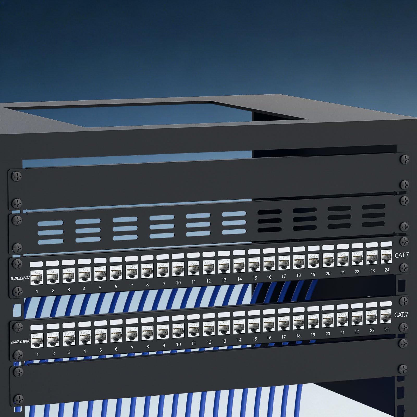 iwillink 24 Port CAT7 Patchpanel Set Patchfeld Verteilerfeld Modular, 1HE Geschirmtes 19 Zoll Rack Verteilerfeld, 10 Gbit/s 600 MHz, LAN Netzwerk Verteiler, Schwarz | CAT7 STP Patchpanel 24 Port Set
