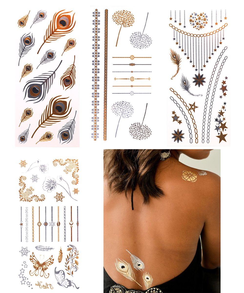 16 Sheets Temporary Tattoos, Waterproof Metallic Tattoos, Over 200
