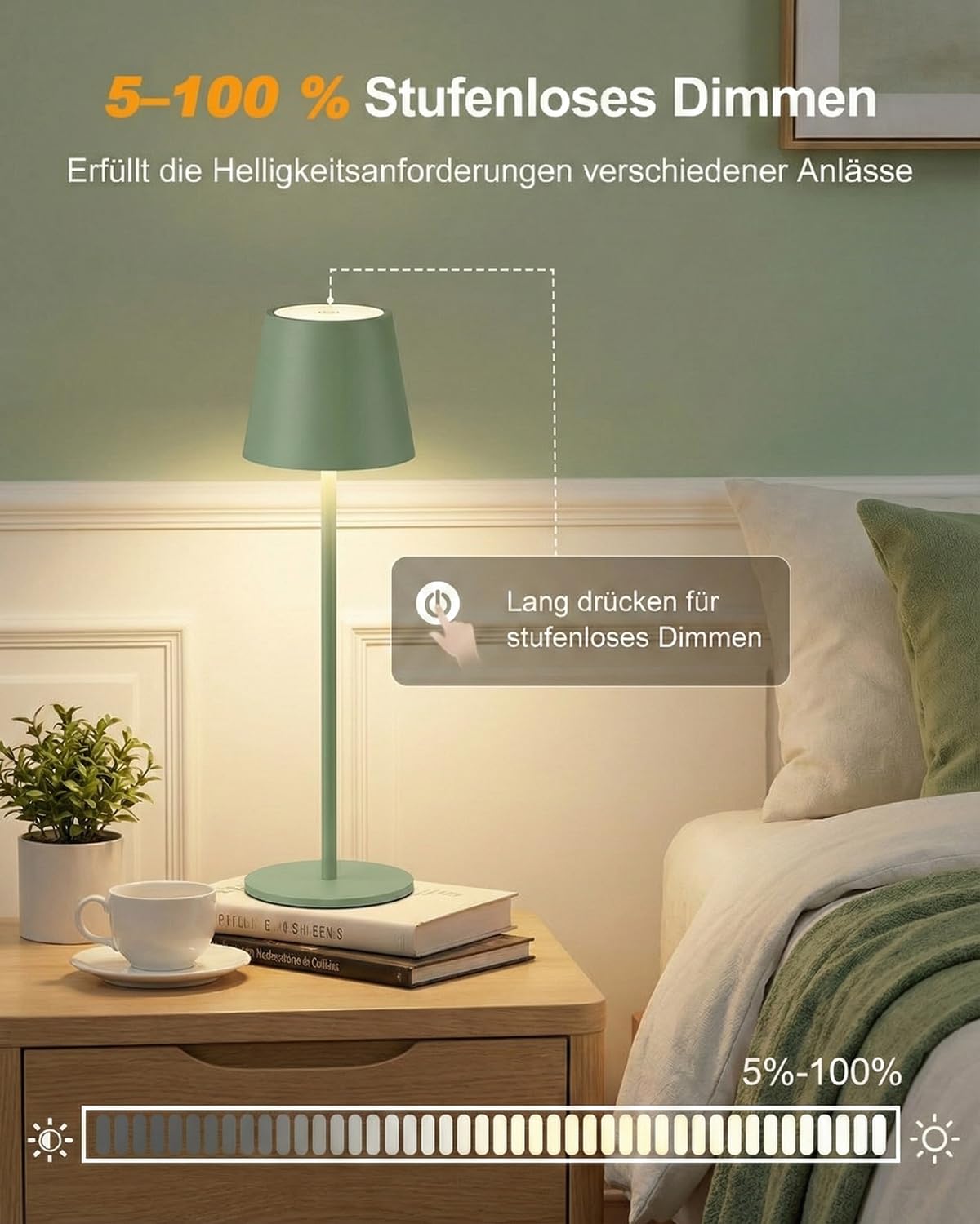 Lámpara de mesa LED Bonsery, juego de 2 unidades, color verde, batería de 5200 mAh, con brillo táctil ajustable y 3 temperaturas de color, lámpara nocturna impermeable e inalámbrica