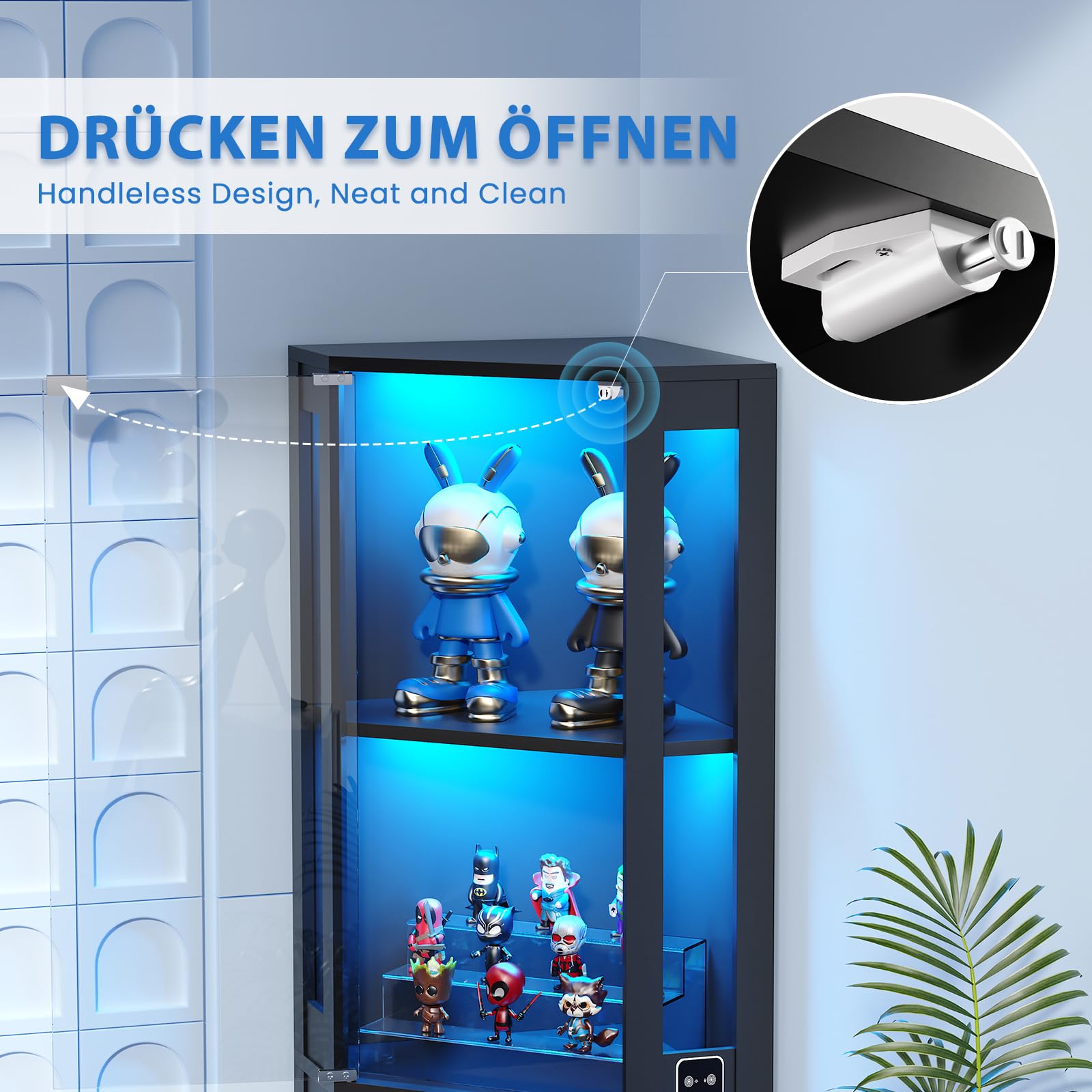 BROTTAR 165 cm Eck-Glasvitrine mit LED-Beleuchtung & 4-stufige Schauvitrine mit Glastüren und Human Body Sensor für Sammlerstücke, Spirituosen, Schwarz