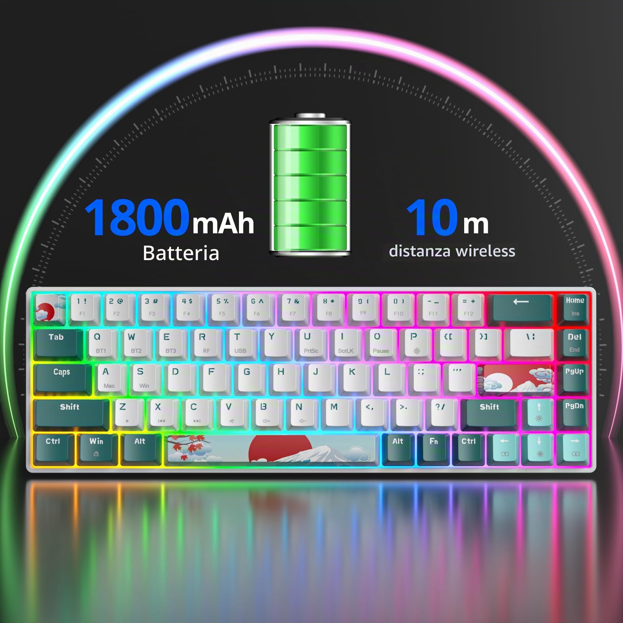 Tastiera Wireless Gaming,65% Tastiera Meccanica Senza Fili-American QWERTY Layout,2.4Ghz/Bluetooth/Type-C Anti-Ghosting, Retroilluminazione RGB per PC