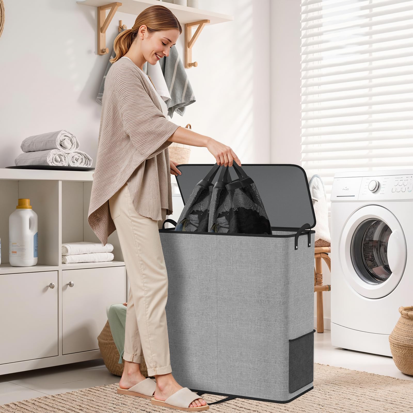 Großer Doppel-Wäschekorb mit Deckel und abnehmbaren Wäschesäcken, 136 l, Grau