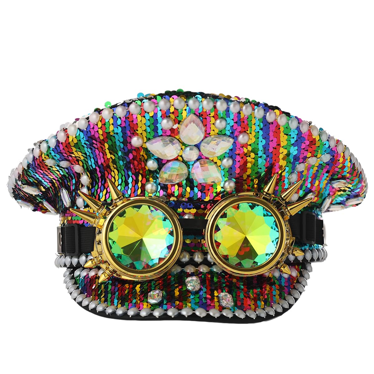 COSDREAMER Sombrero de lentejuelas para mujer, sombreros militares, con gafas