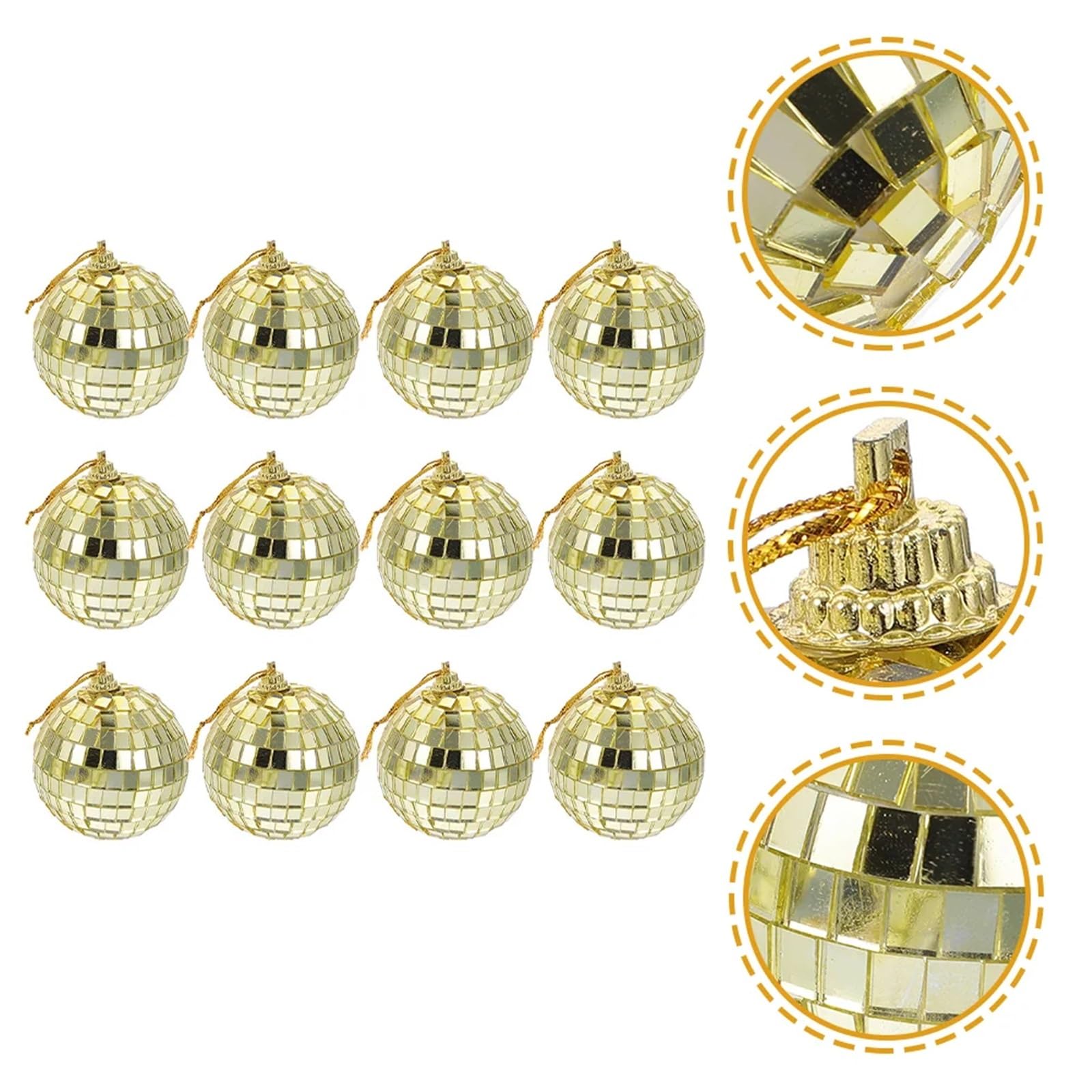 12 Uds Bola de Discoteca decoración Bolas Adornos Espejo Dorado Colgante de Discoteca para Boda, CumpleañOs Y DecoracióN Luminosa De Fie