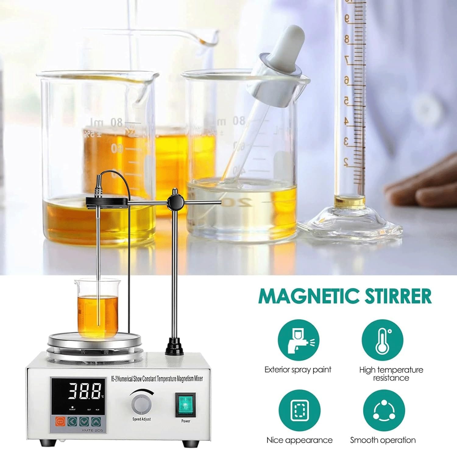 Agitador Magnético - Agitador Magnético Con Calefacción Y Pantalla Digital, 1500 RPM, Varilla De Agitación De PTFE | Para Uso En Laboratorio, Química Y Medicina
