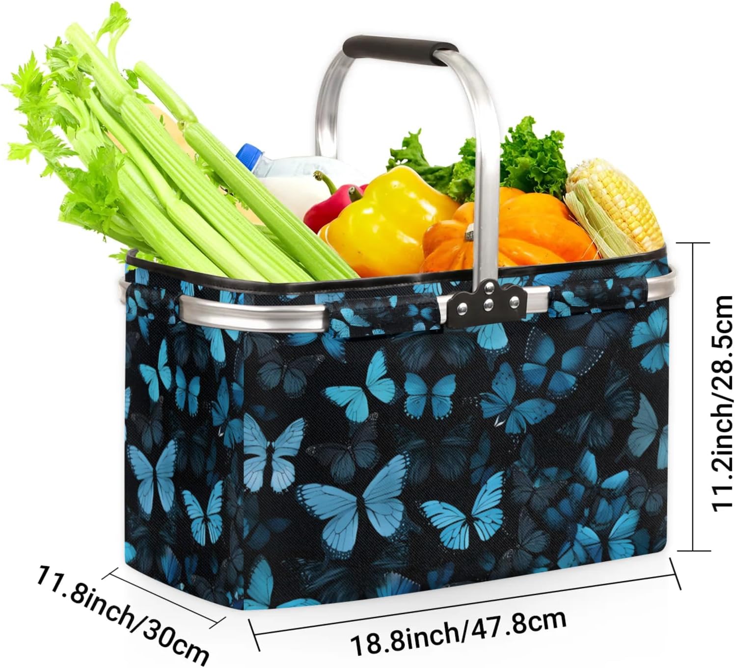 Collapsible Picnic Basket with Handle, Shopping Basket Aluminum Frame, Grocery Basket Tote for Women, Farmers Market Basket, Harvest Baskets Camping Travel Portable Beach Bag (Blue Butterfly)