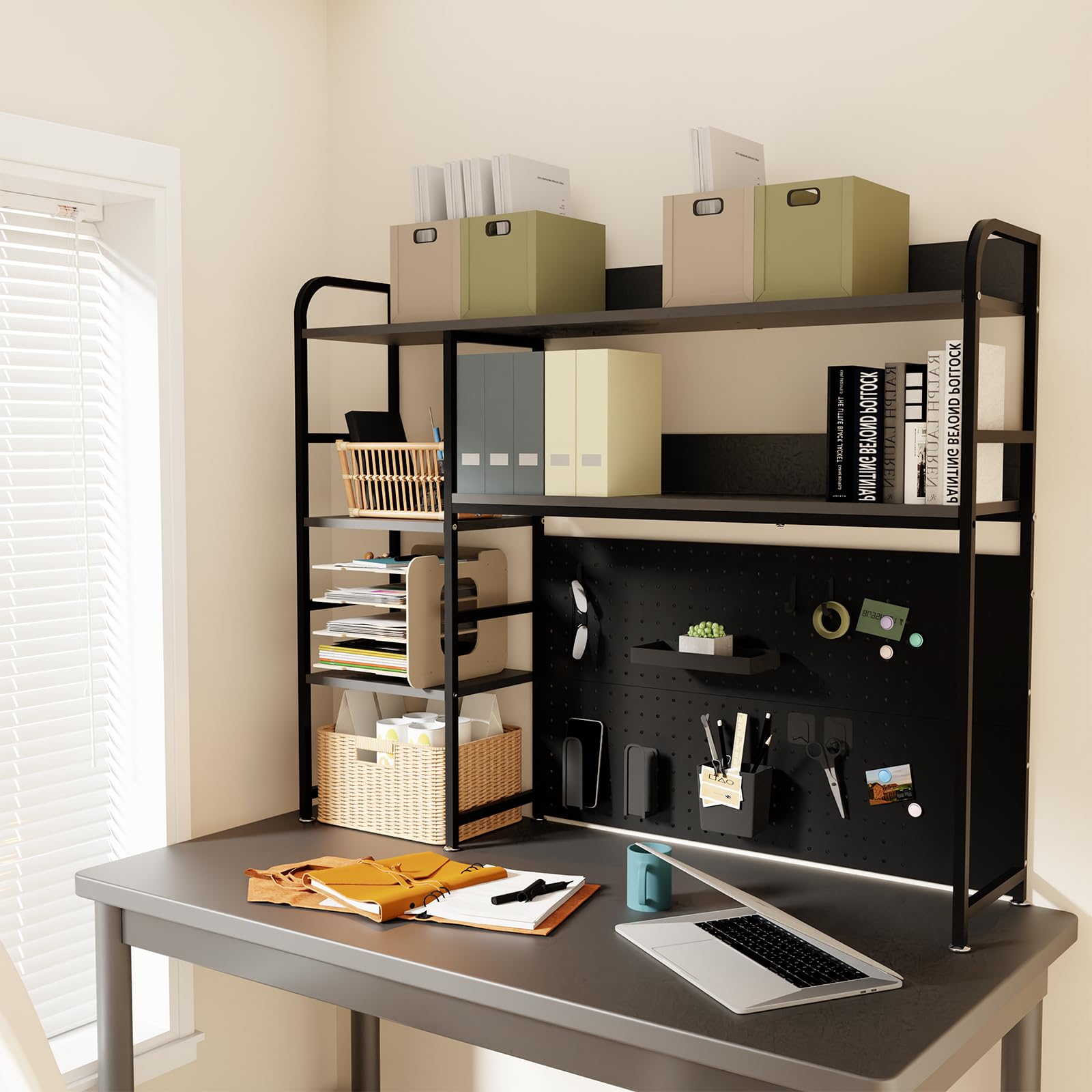Étagère de Bureau à 2 Niveaux avec étagère de Stockage, Noir 110CM, Organisateur de Bureau avec Tableau d'affichage
