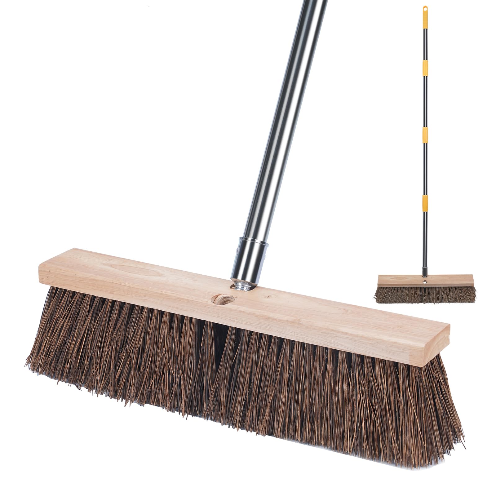 18" Push Broom Outdoor Heavy Duty - 65" Long Handle Large Wide Shop Broom, Commercial Stiff Palmyra Bristle Outside Broom Brush for Sweeping Concrete Floor, Garage, Patio, Shop, Yard, Lawn