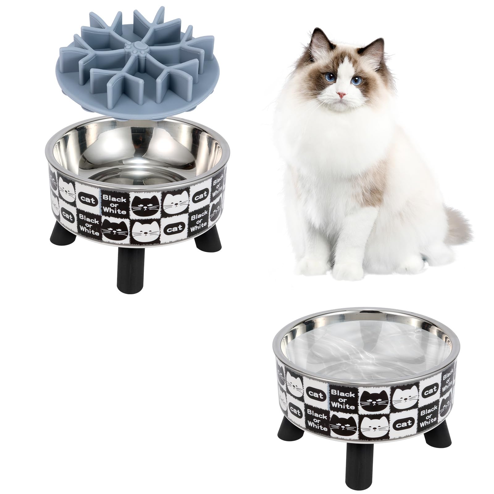 2PCS Elevated Cat Bowls with Slow Feeder, Wide Raised Stainless Steel Cat Dishes Plastic Stand Silicone Slow Food Dispenser, Whisker Friendly Pet