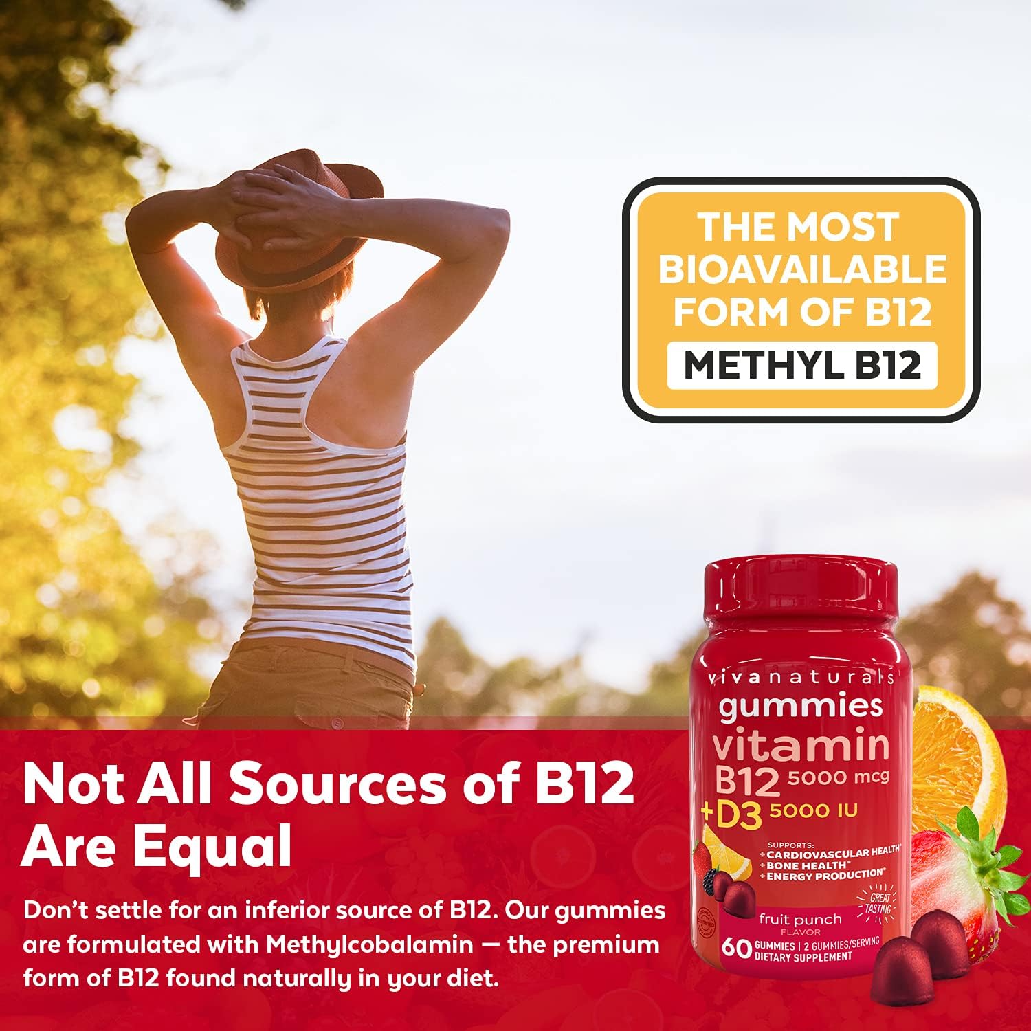 Vitamin B12 5000mcg and Vitamin D3 5000 IU Gummies, 60 Count | Delicious Fruit Punch Flavor, Vitamin D and Methyl B12 Vitamins for Energy and Immune Support : Health & Household