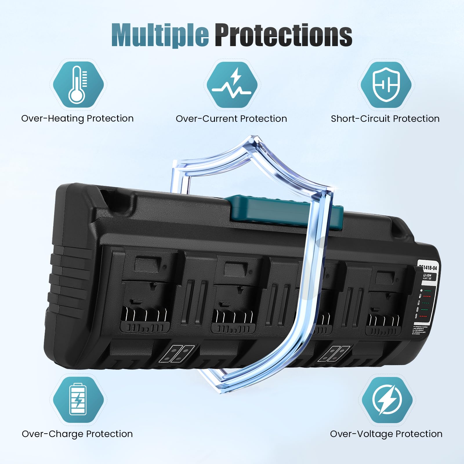 Cargador de 4 Puertos con Dos Puertos USB, Compatible con baterías de Iones de Litio Bosch de 14,4 V a 18 V, BS1418-04, con indicador LED y protección de Seguridad.