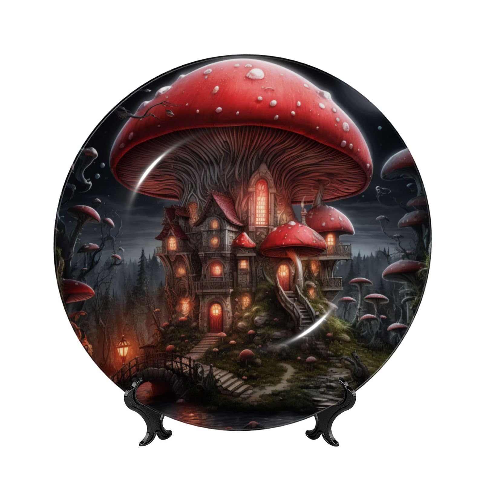SXZVVBN Red mushrooms in the night sky Bone China Decorative Plate Art with Stand Removable Adhesive Hanging for Home Office 7in